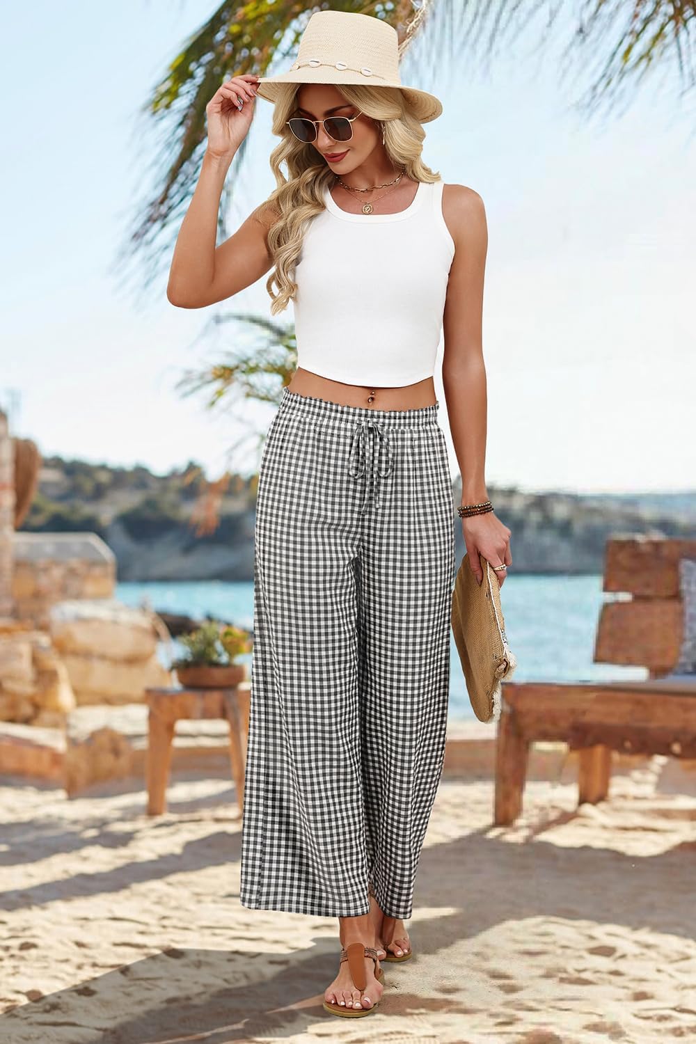 Mindi Pantalon Femme Palazzo Coupe Large Fluide, Taille Élastique Cordon Casual Chic