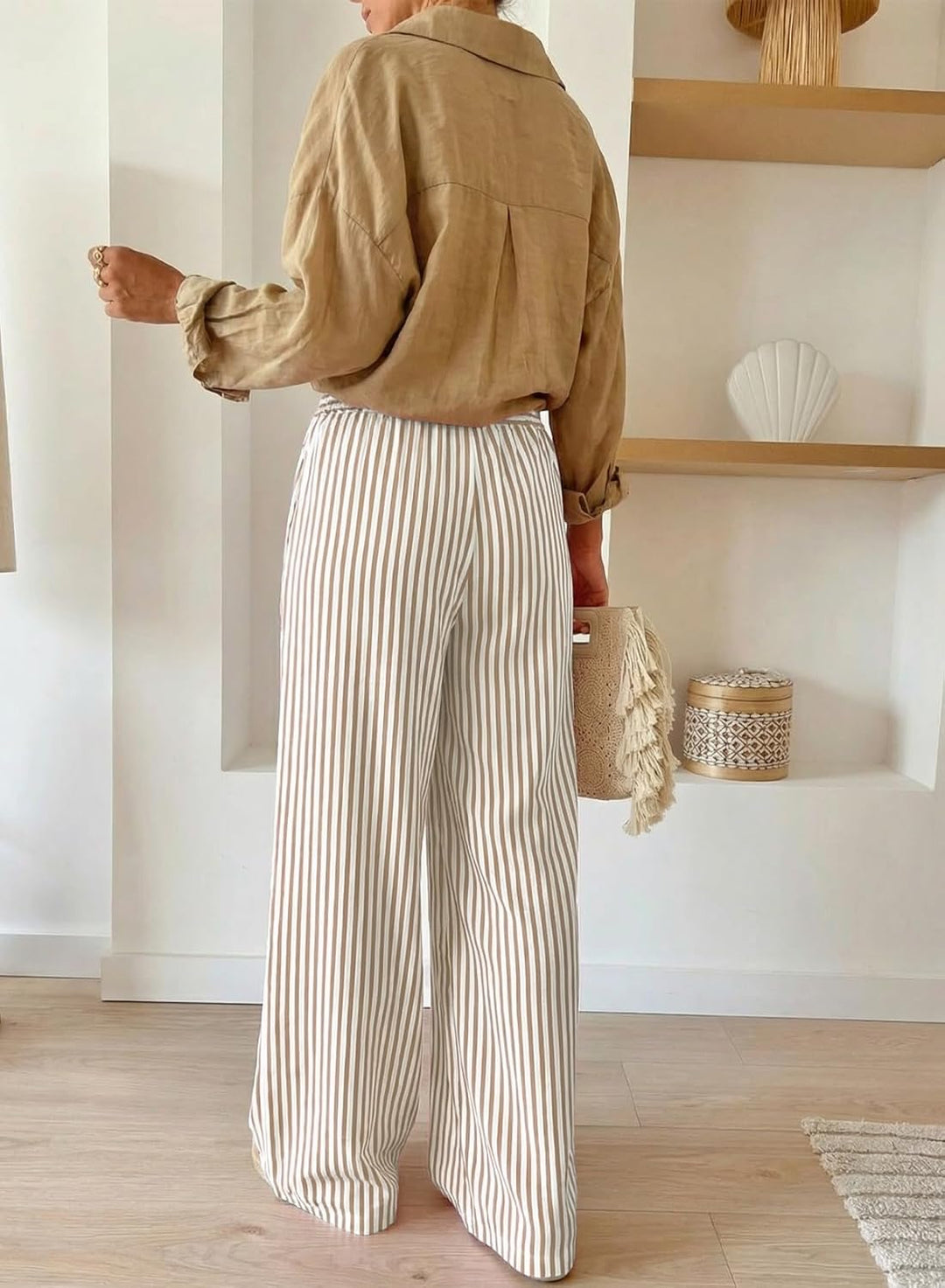 Arlyn Pantalon Femme Palazzo Rayé Large Taille Élastique & Poches, vue 5