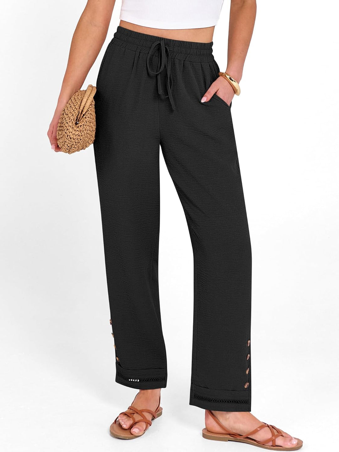 Cianne Pantalon Femme Capri Coupe Fluide, Taille Élastique Cordon, Casual Été Chic, vue 3
