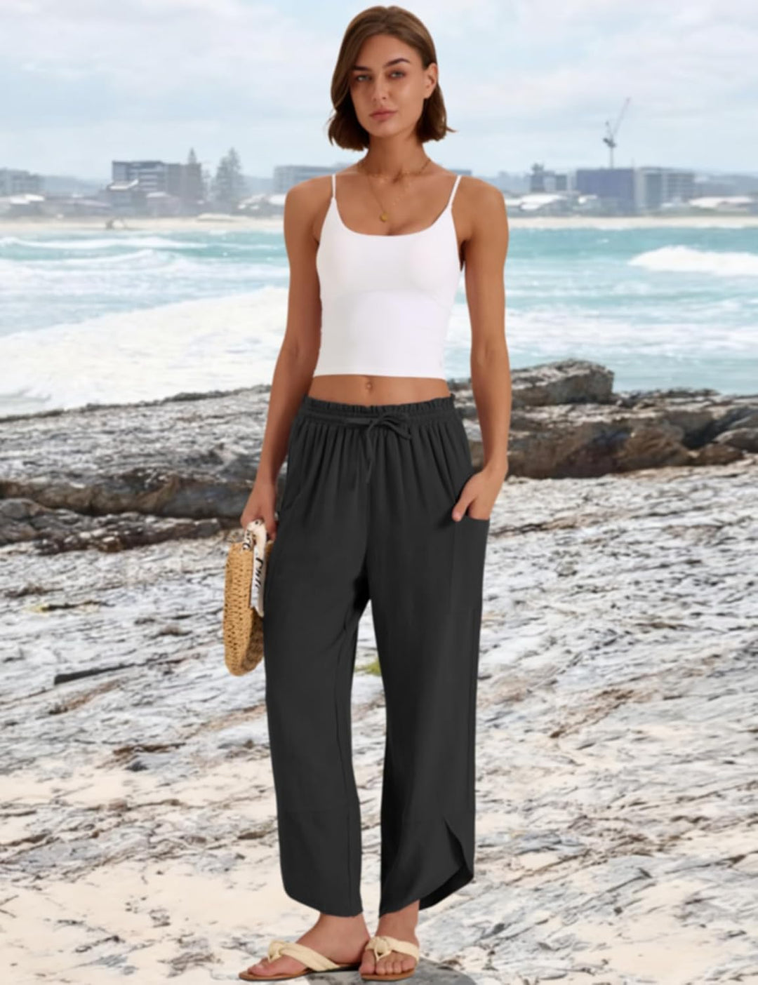 Jade Pantalon Femme Capri Palazzo Lin Bohème Large Taille Élastique & Poches