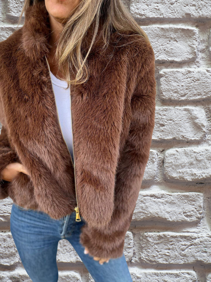Hiya Veste courte en fausse fourrure pour femme Manteau chic à fermeture zippée avec détails en fourrure & coupe chaude et confortable, vue 8