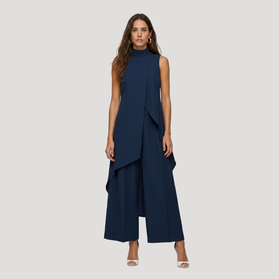 Elegant Women's Two-Piece Set with Asymmetric Long Top and Wide-Leg Trousers