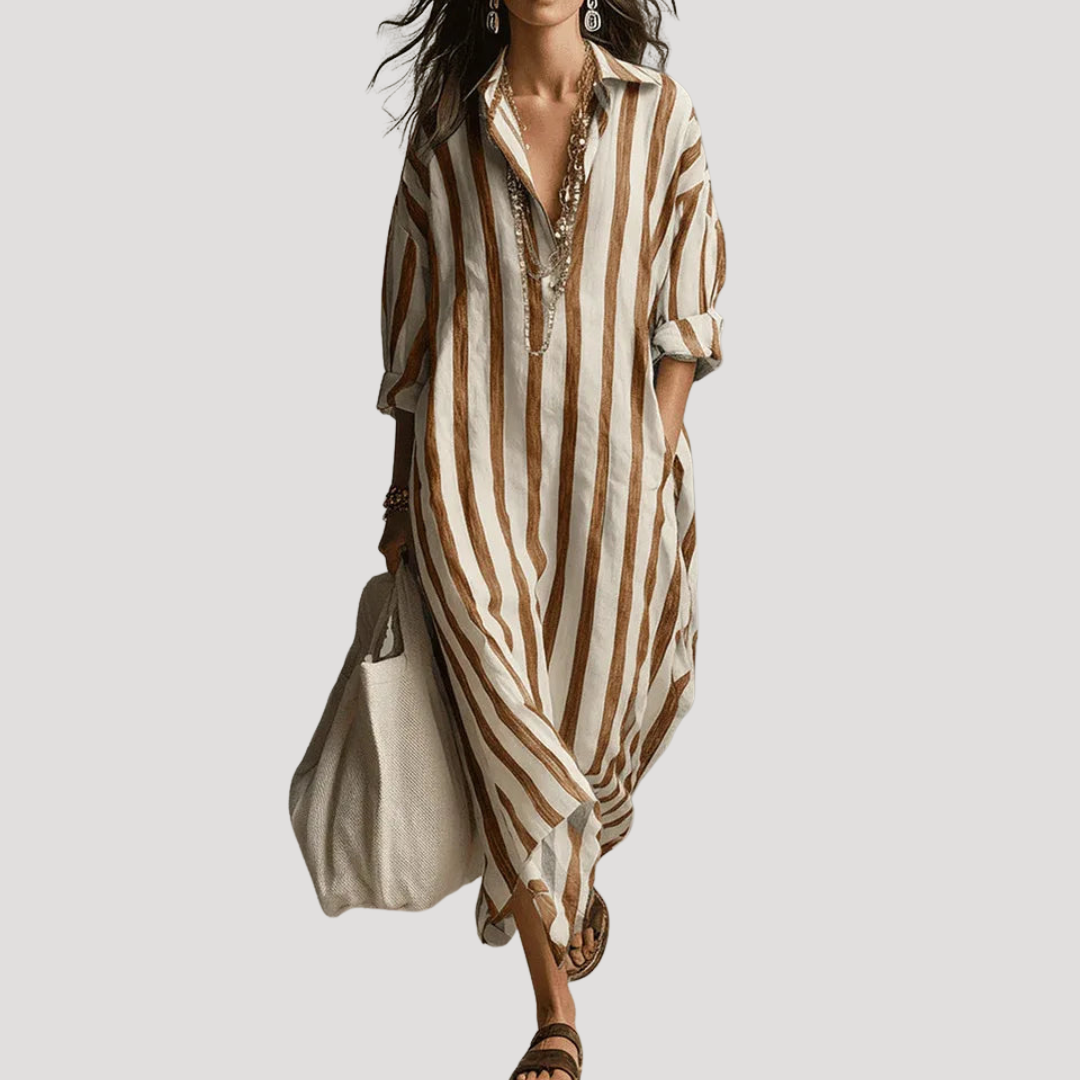 Women's Striped Long Linen Shirt Dress