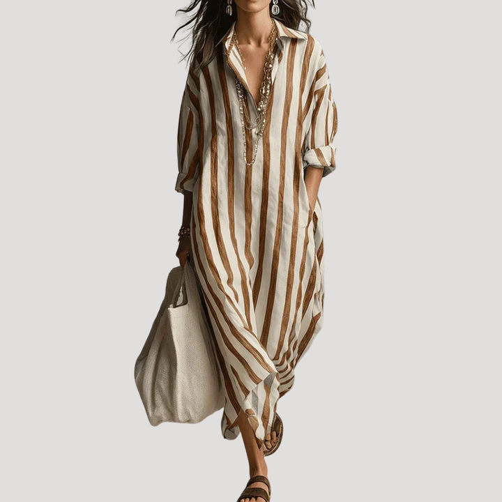 Women's Striped Long Linen Shirt Dress