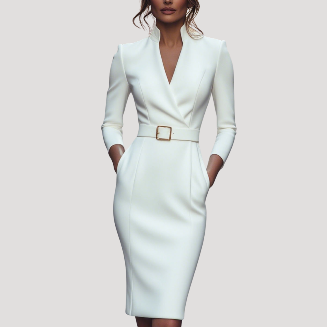 Robe Midi Femme de Bureau Col V Ajustée