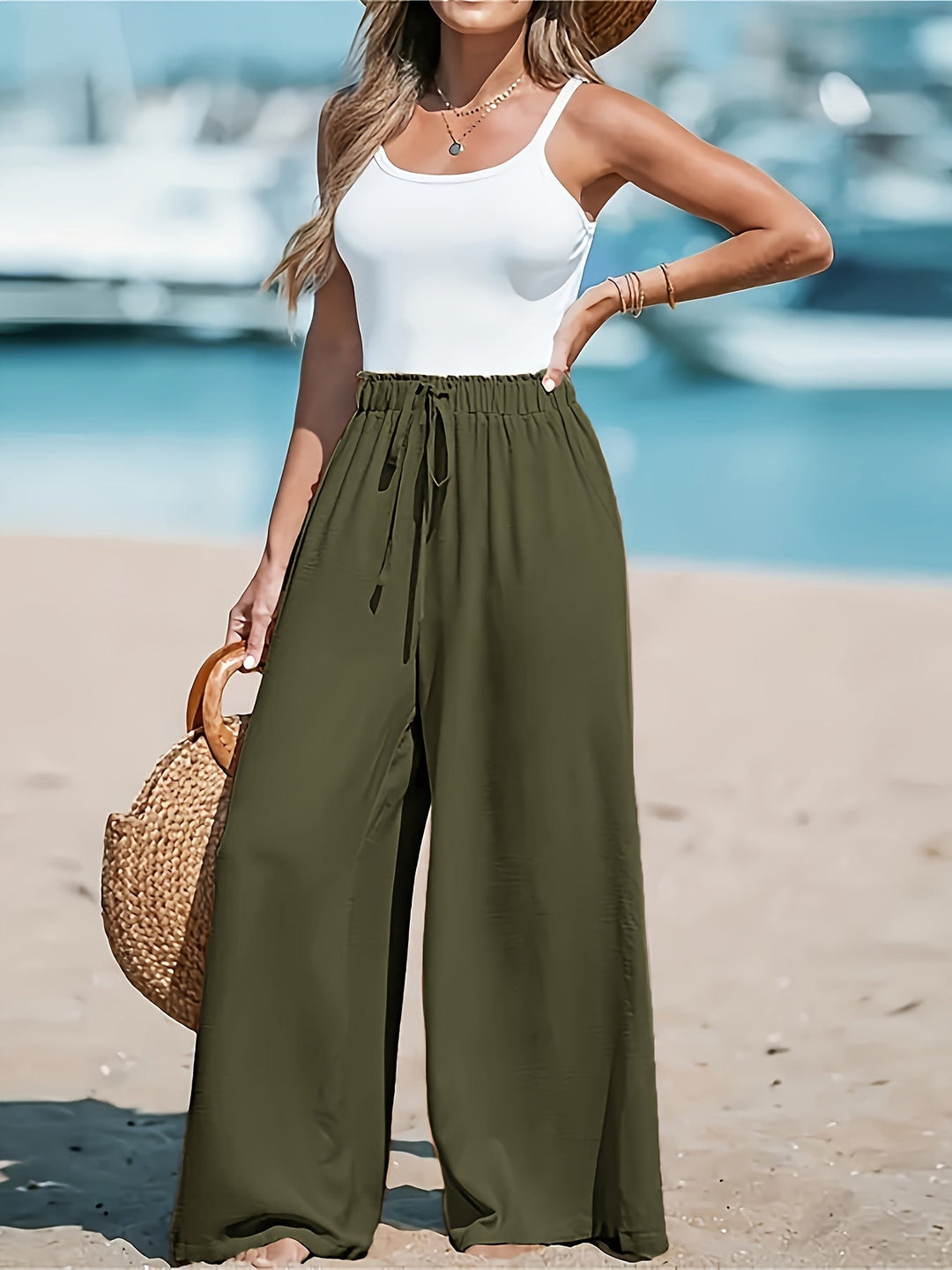 Veronica Pantalon Femme Pantalon Taille Haute à Jambes Larges en Tissu Aérien pour l'Été et le Bureau, vue 4