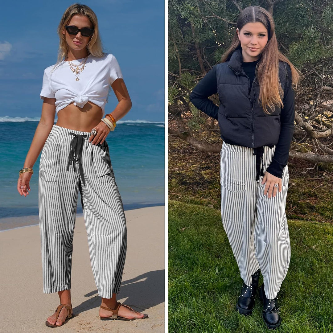Léna Pantalon Femme Capri Rayé Effet Lin Taille Élastique & Poches, vue 5