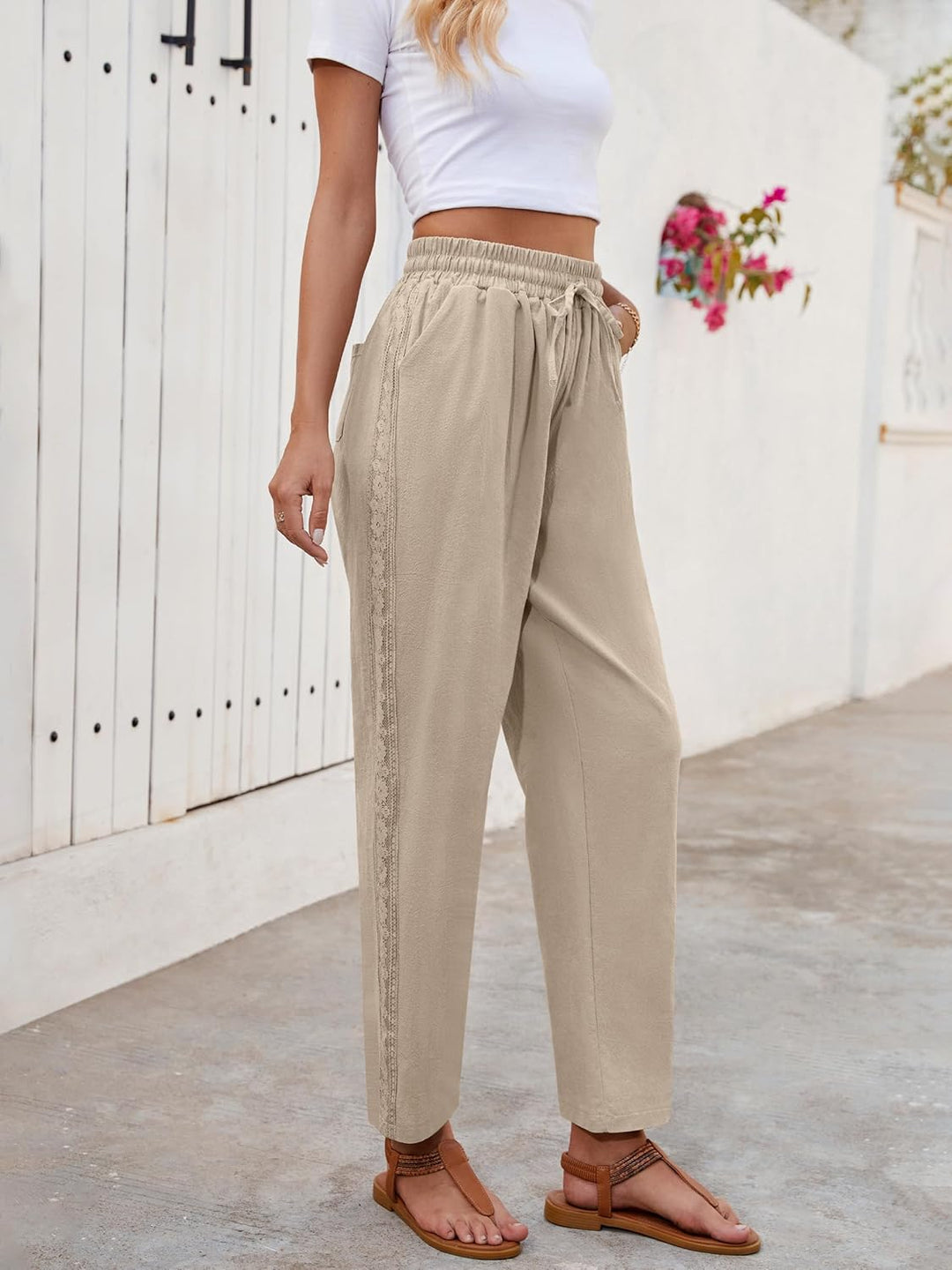 Ysabel Pantalon Femme Lin Capri Dentelle, Coupe Large, Taille Élastique Été Chic, vue 4