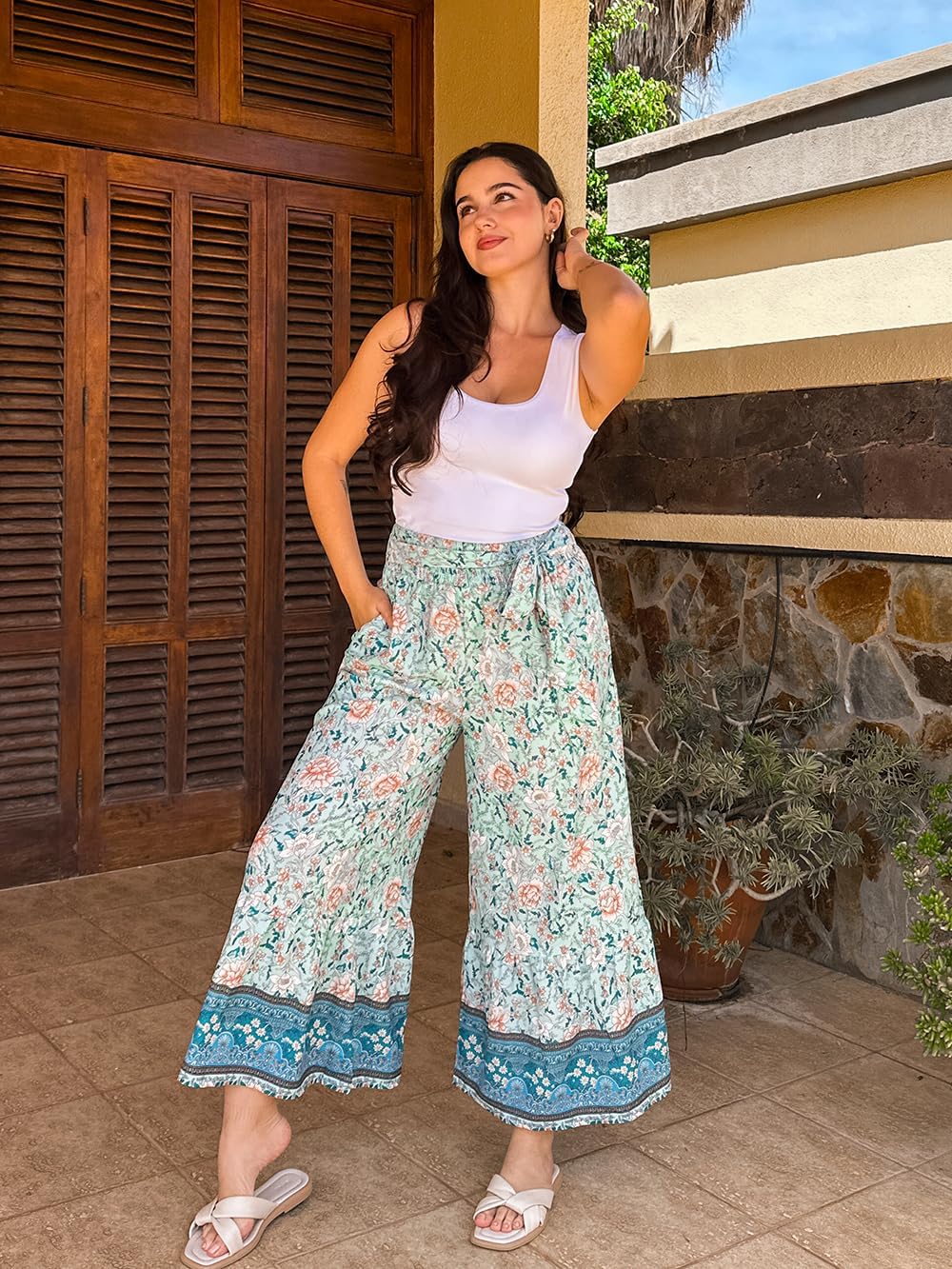 Zainab Pantalon Femme Palazzo Bohème Coupe Large Fluide, Taille Haute Élastique Été