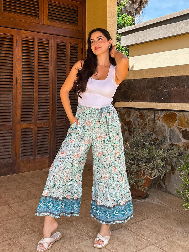 Zainab Pantalon Femme Palazzo Bohème Coupe Large Fluide, Taille Haute Élastique Été