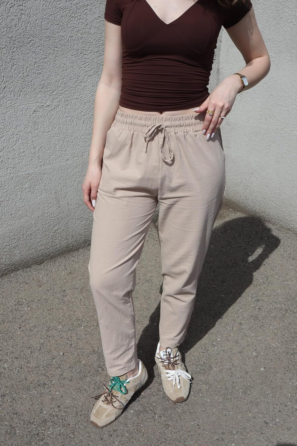 Ysabel Pantalon Femme Lin Capri Dentelle, Coupe Large, Taille Élastique Été Chic, vue 7