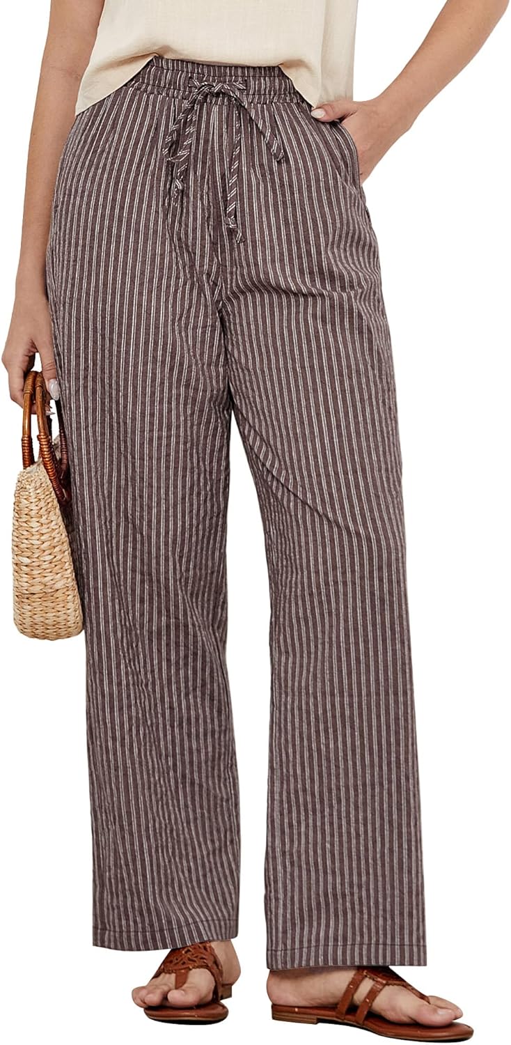 Julie Pantalon Femme Rayé Lin Coupe Large, Taille Haute Élastique Été Chic, vue 2