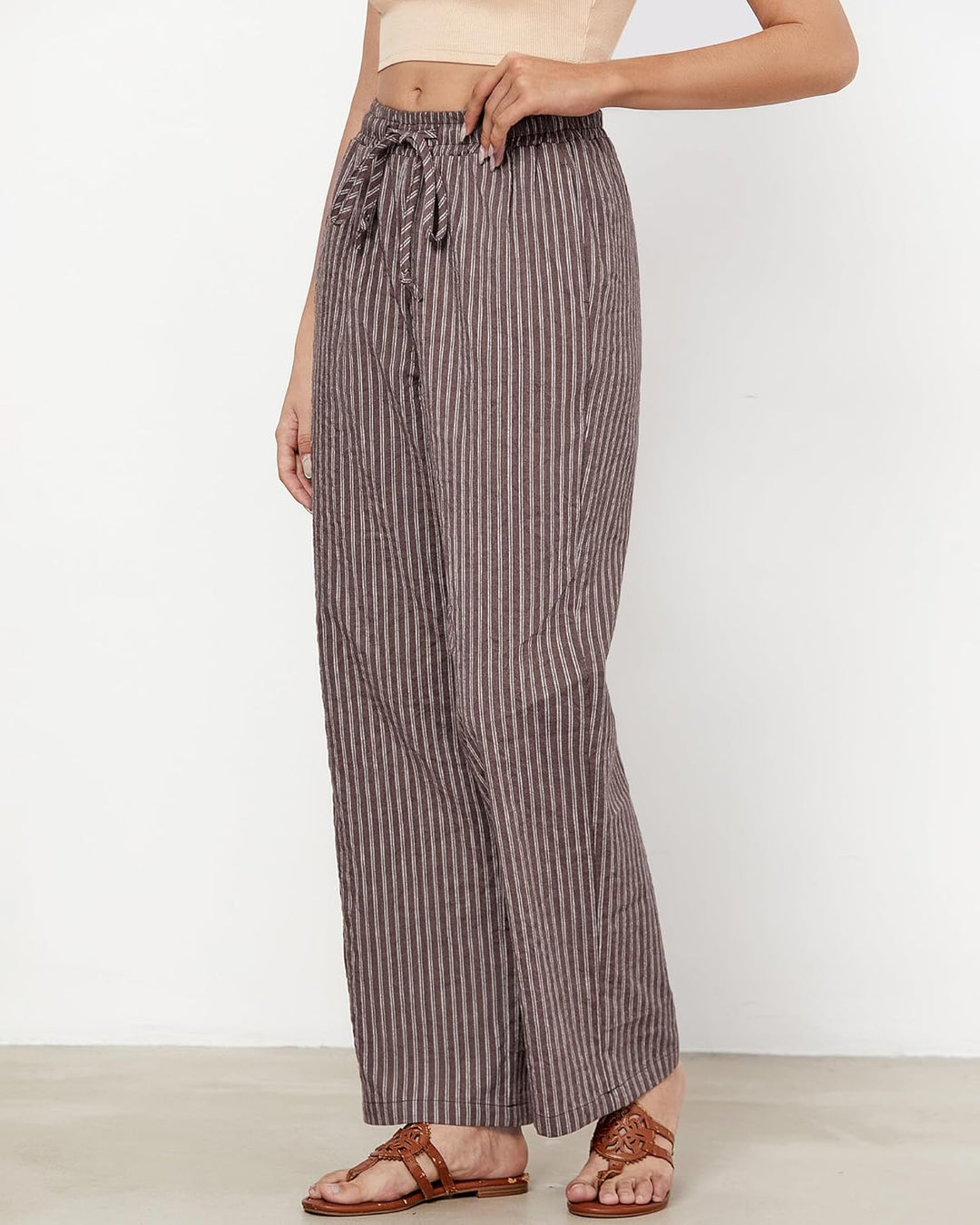 Julie Pantalon Femme Rayé Lin Coupe Large, Taille Haute Élastique Été Chic, vue 6