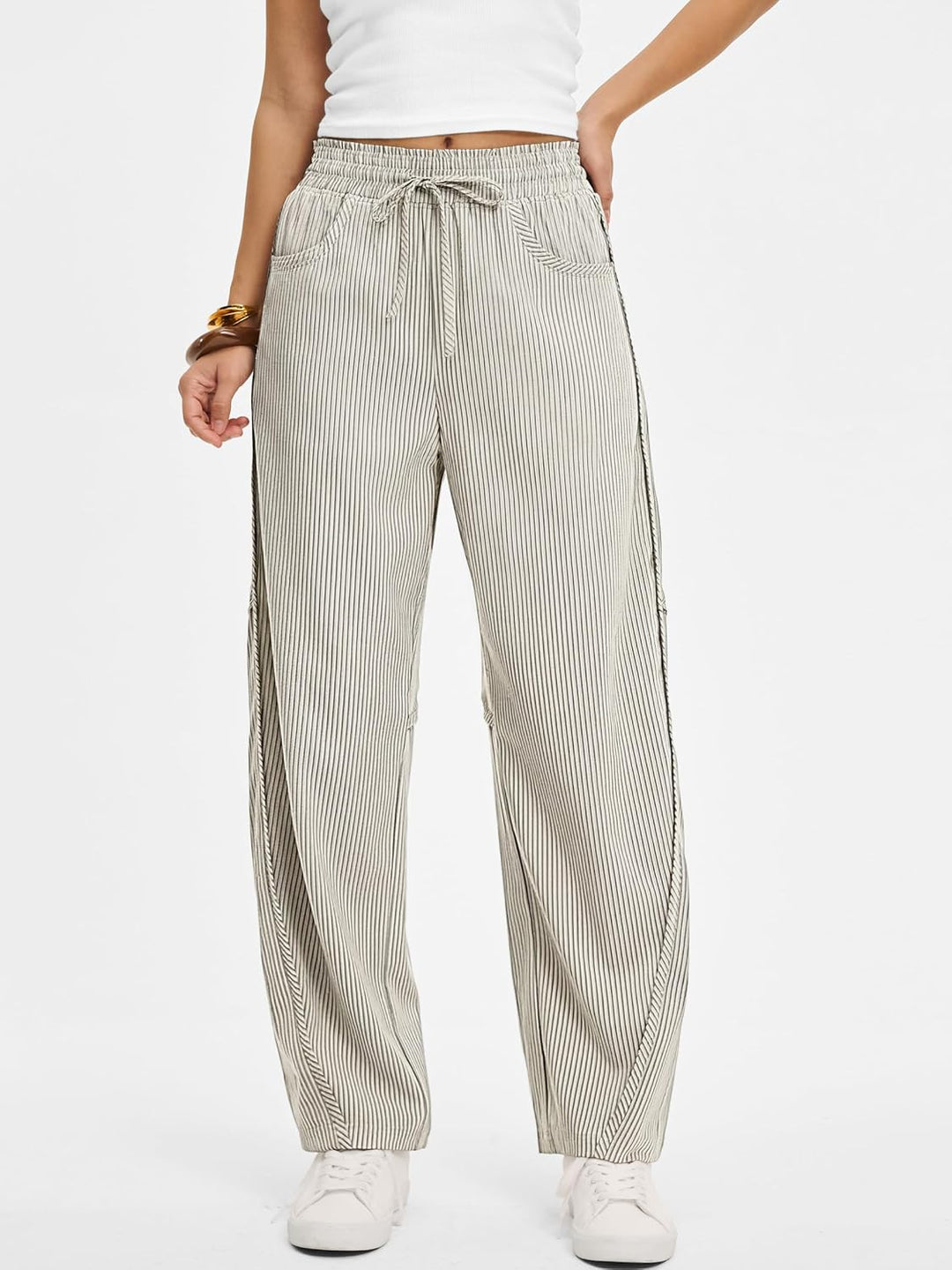 Kim Pantalon Femme Rayé Barrel Coupe Large, Taille Élastique, Style Décontracté, vue 4