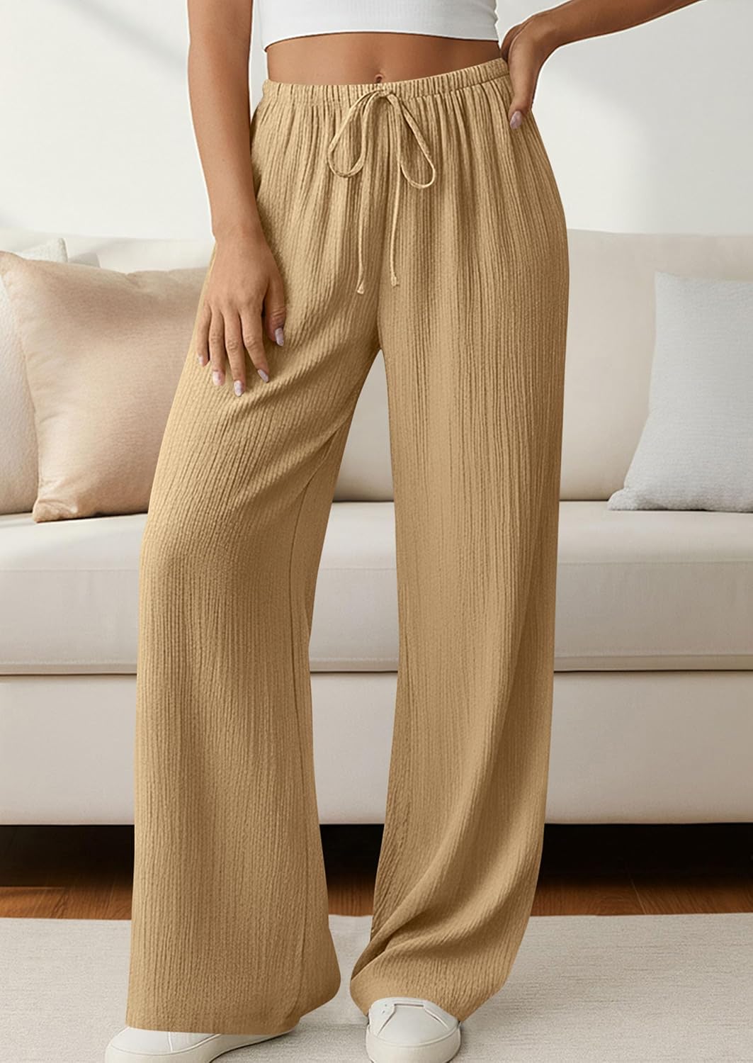 Jessica Pantalon Femme Palazzo Large Taille Haute Cordon & Poches Été, vue 5