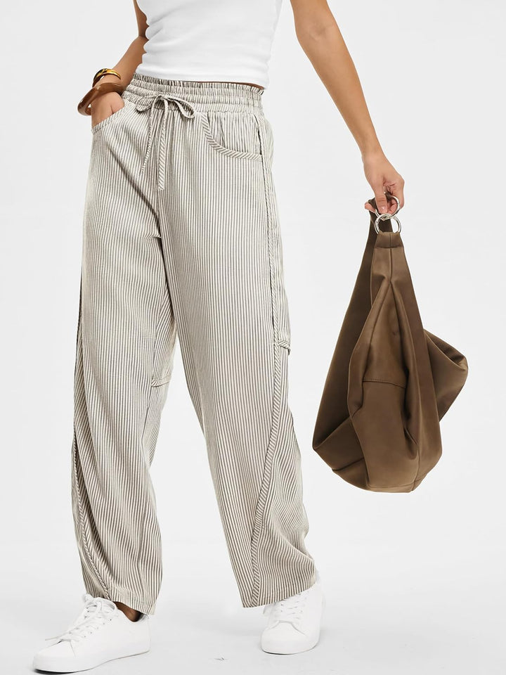 Kim Pantalon Femme Rayé Barrel Coupe Large, Taille Élastique, Style Décontracté, vue 6