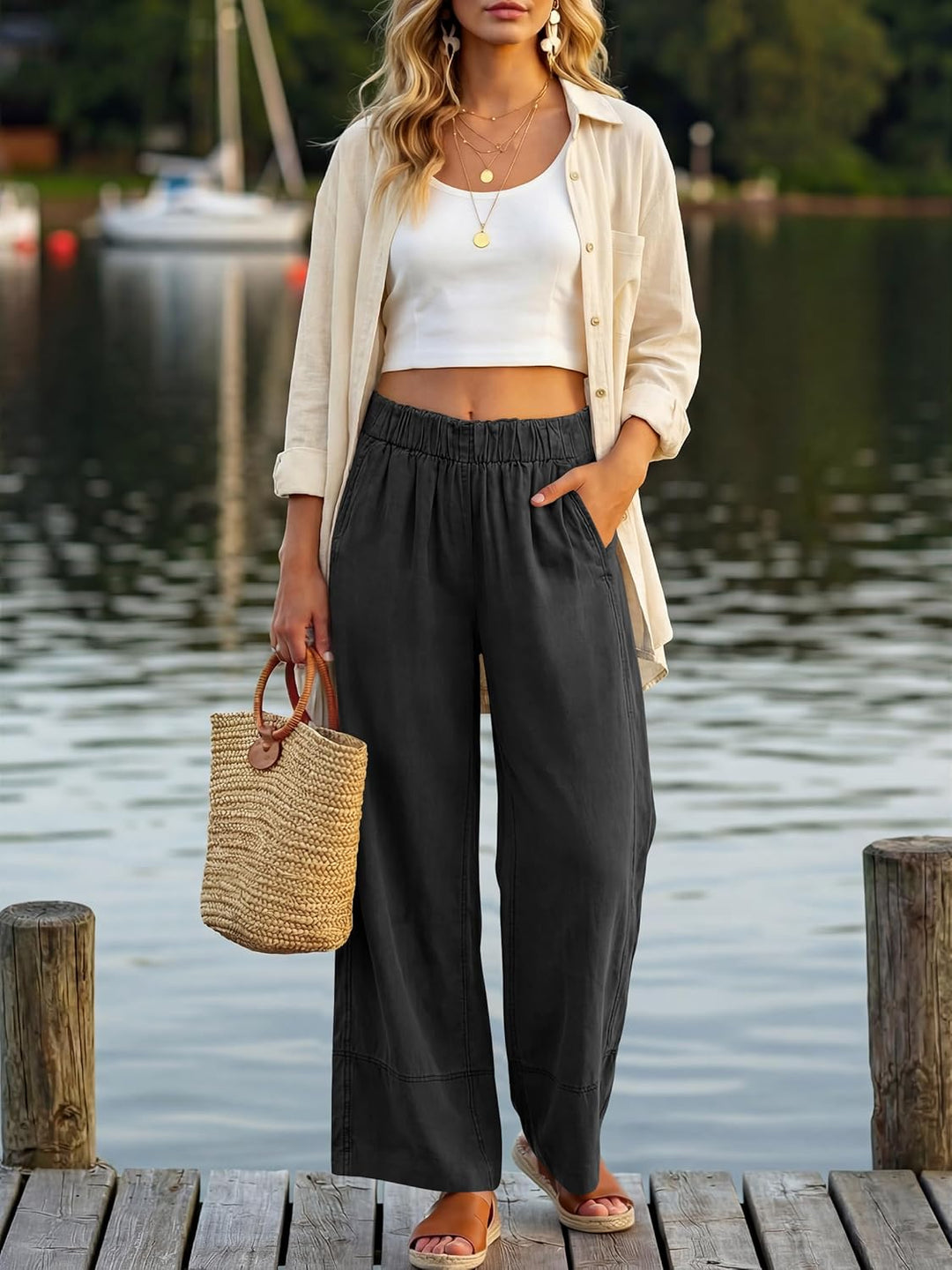 Jessica Pantalon Femme Palazzo Lin Large Taille Élastique & Poches Bohème, vue 7