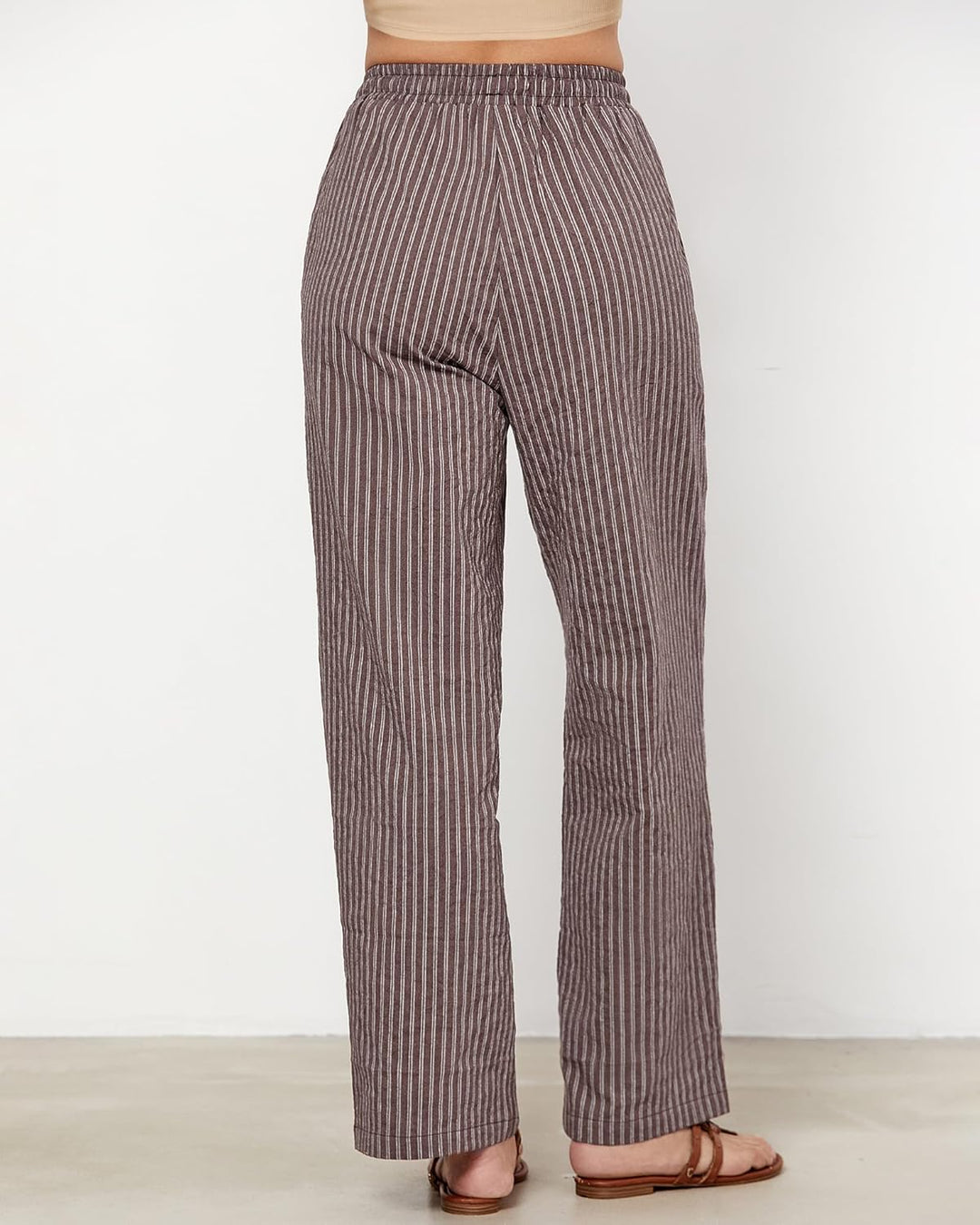 Julie Pantalon Femme Rayé Lin Coupe Large, Taille Haute Élastique Été Chic, vue 4