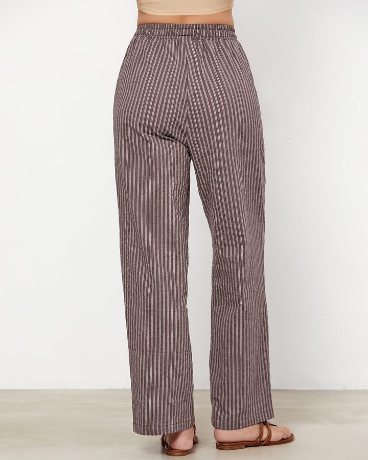 Julie Pantalon Femme Rayé Lin Coupe Large, Taille Haute Élastique Été Chic, vue 4