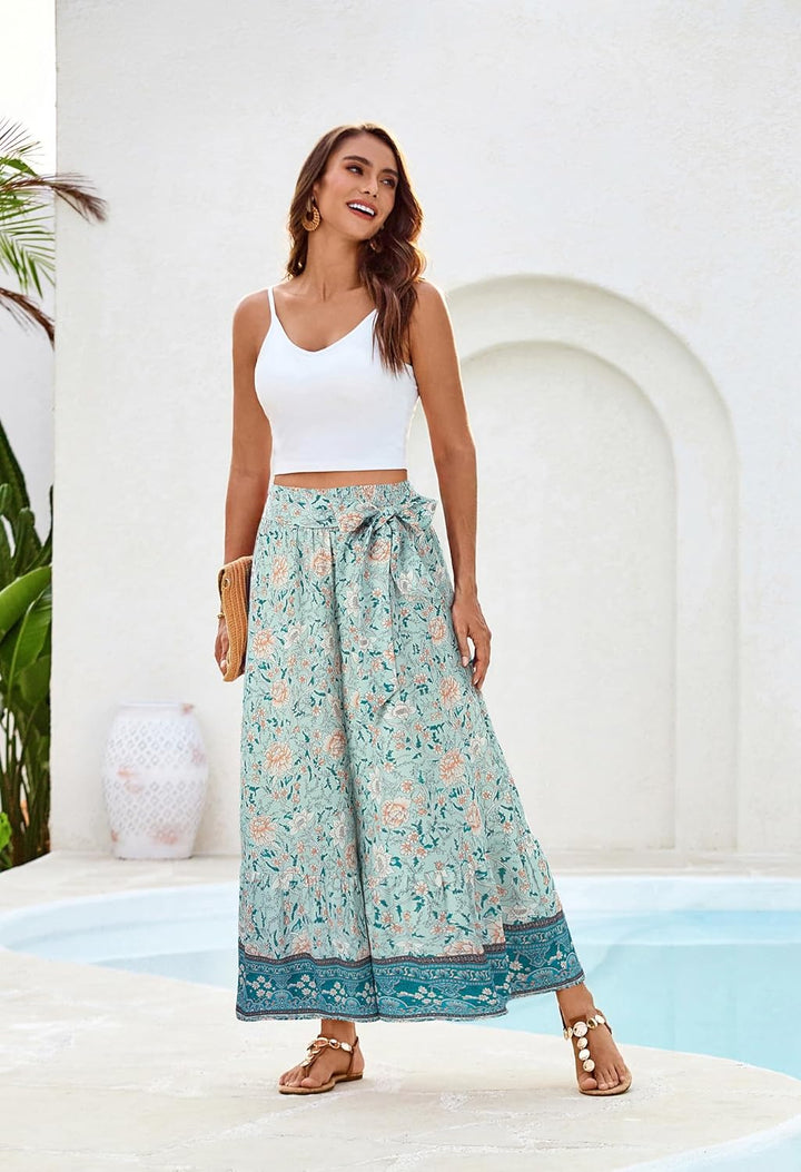 Zainab Pantalon Femme Palazzo Bohème Coupe Large Fluide, Taille Haute Élastique Été, vue 5