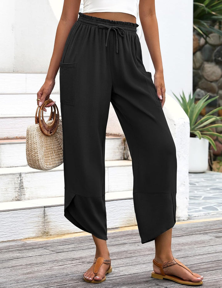 Jade Pantalon Femme Capri Palazzo Lin Bohème Large Taille Élastique & Poches, vue 4