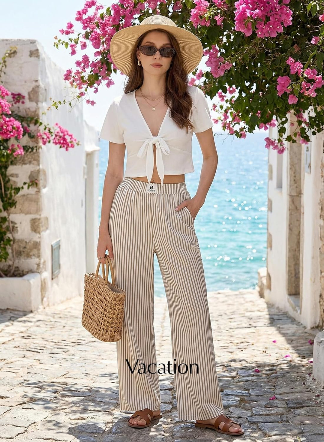 Verna Pantalon Femme Rayé Coupe Large Fluide, Taille Haute Élastique Lounge Été