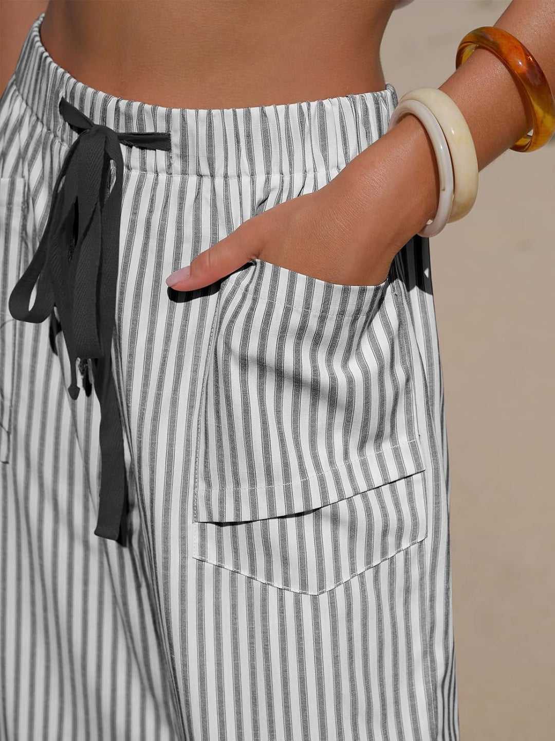 Léna Pantalon Femme Capri Rayé Effet Lin Taille Élastique & Poches, vue 3