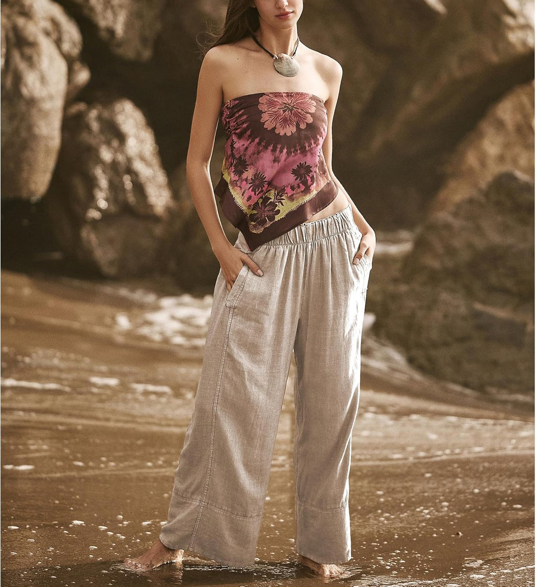 Milan Pantalon Femme Pantalon Lin Palazzo Large Taille Élastique & Poches, vue 2