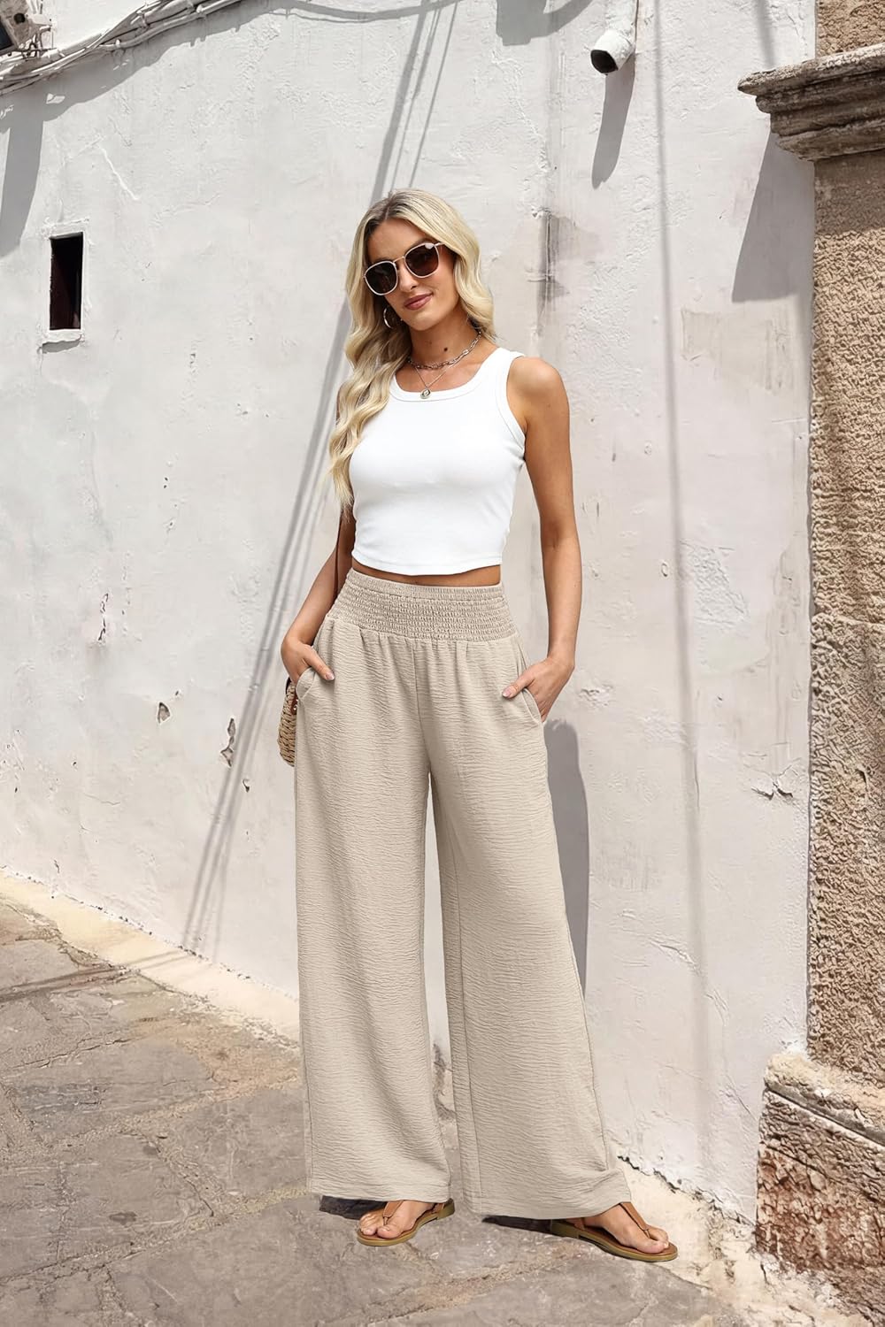 Berta Pantalon Femme Pantalon Large Taille Haute Fluide & Poches