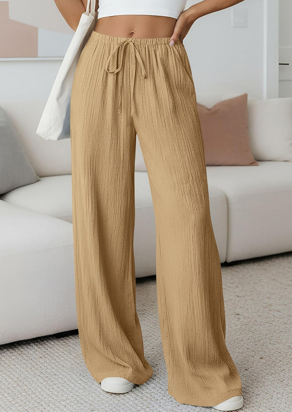 Jessica Pantalon Femme Palazzo Large Taille Haute Cordon & Poches Été, vue 2