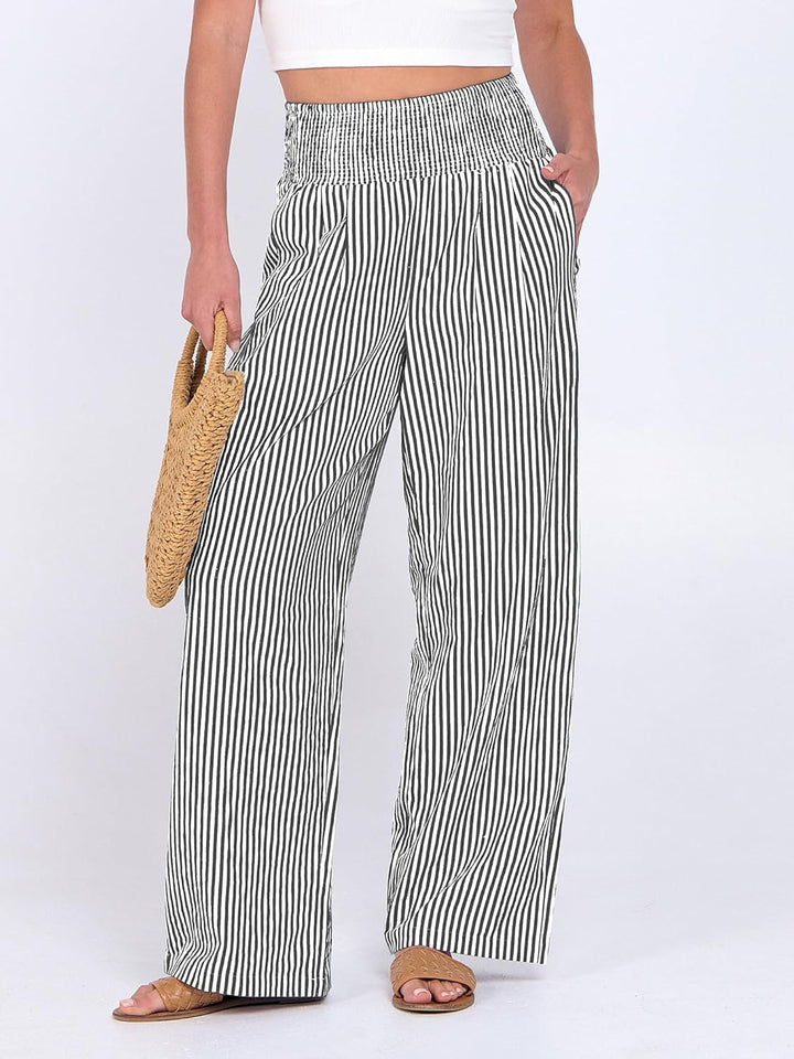 Léah Pantalon Femme Pantalon Palazzo Rayé Taille Haute & Poches Été, vue 3
