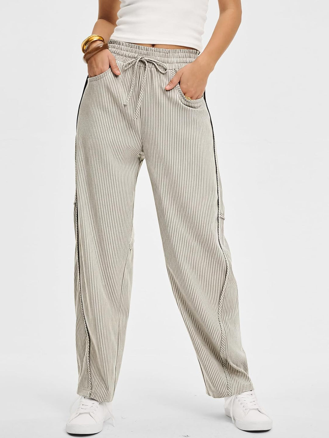 Kim Pantalon Femme Rayé Barrel Coupe Large, Taille Élastique, Style Décontracté, vue 5