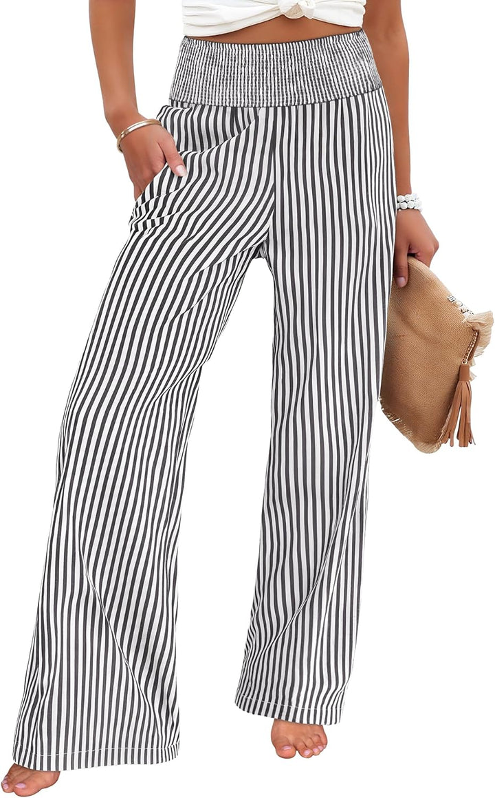 Léah Pantalon Femme Pantalon Palazzo Rayé Taille Haute & Poches Été, vue 2