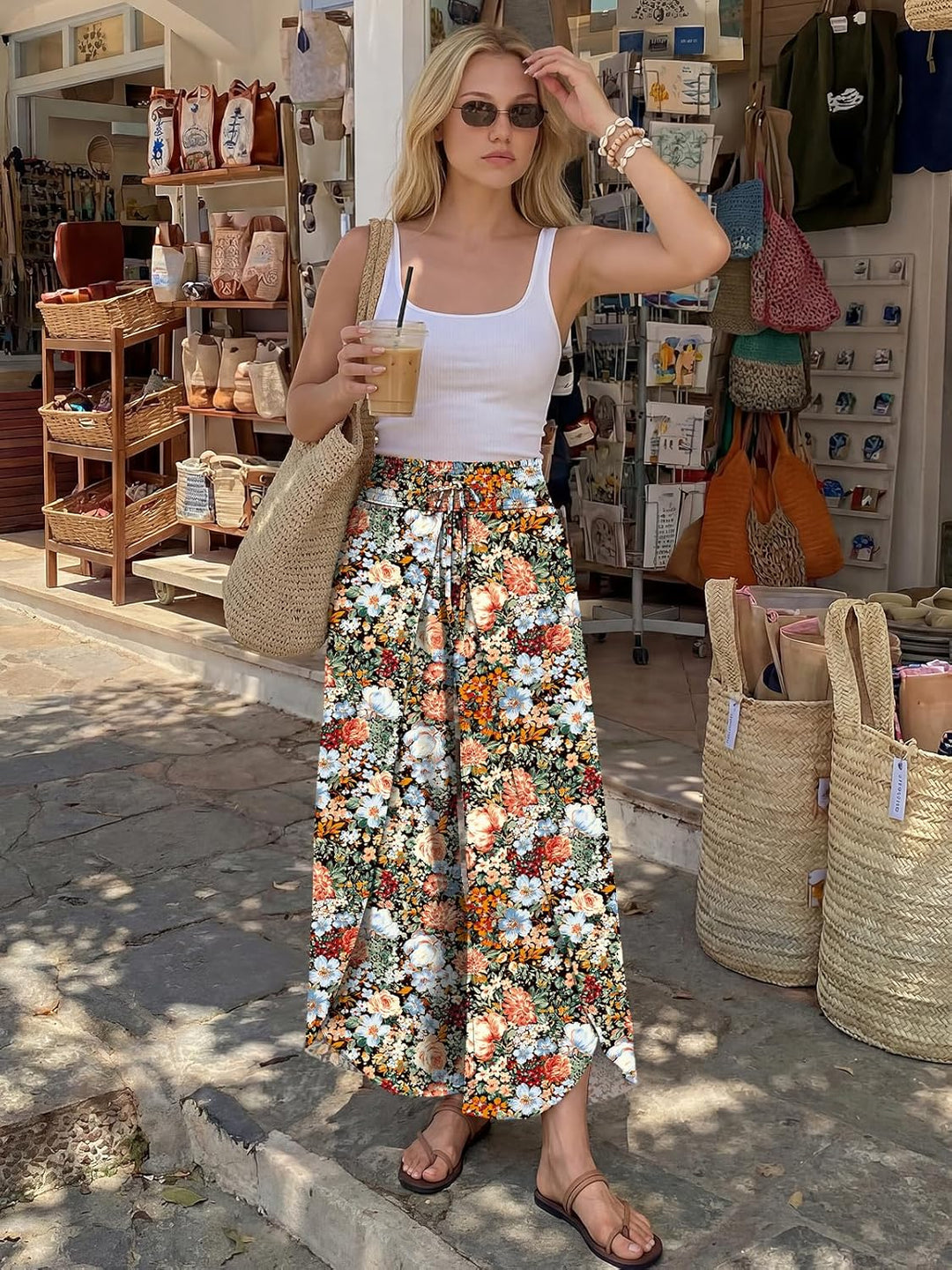 Trisha Pantalon Femme Palazzo Taille Haute Fluide, Large Élastique Été Chic