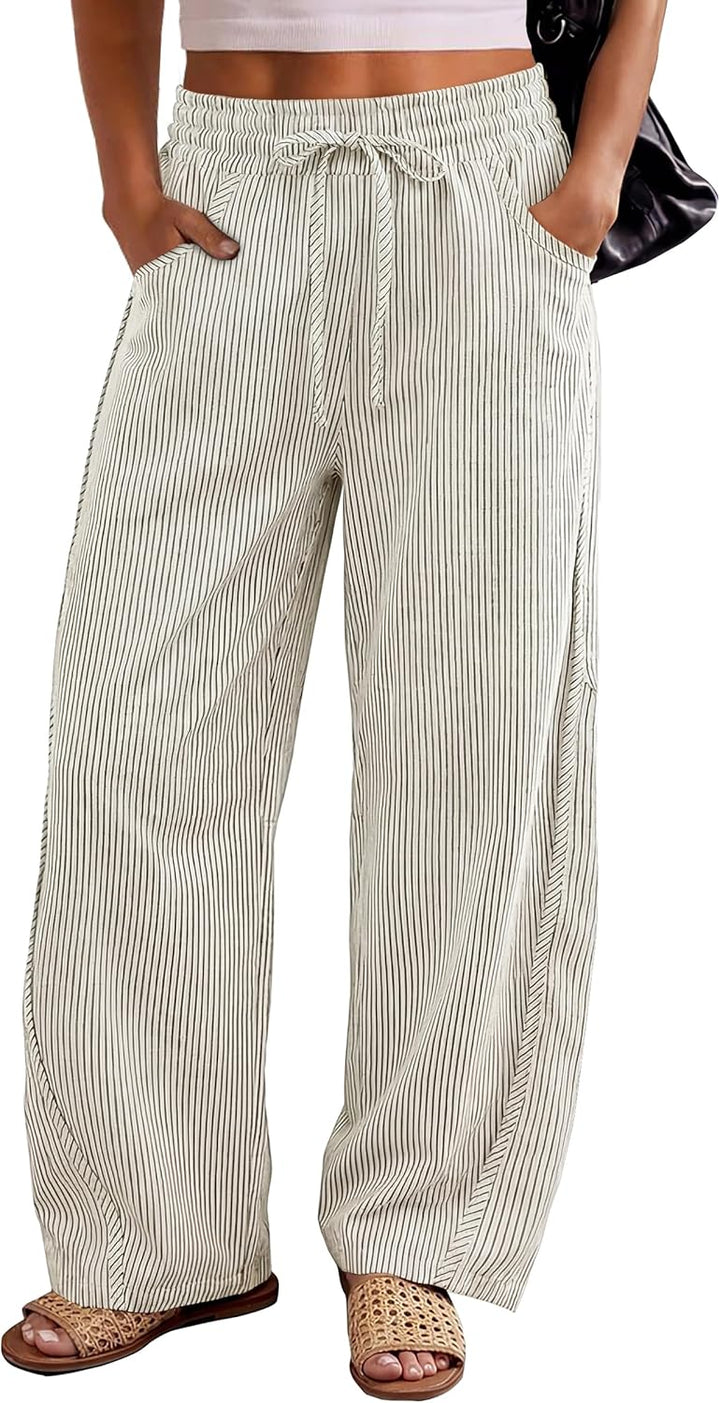 Kim Pantalon Femme Rayé Barrel Coupe Large, Taille Élastique, Style Décontracté, vue 2
