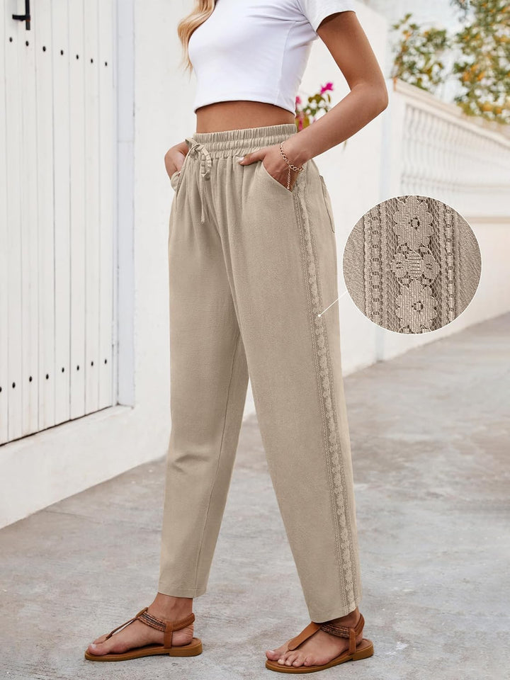 Ysabel Pantalon Femme Lin Capri Dentelle, Coupe Large, Taille Élastique Été Chic, vue 5