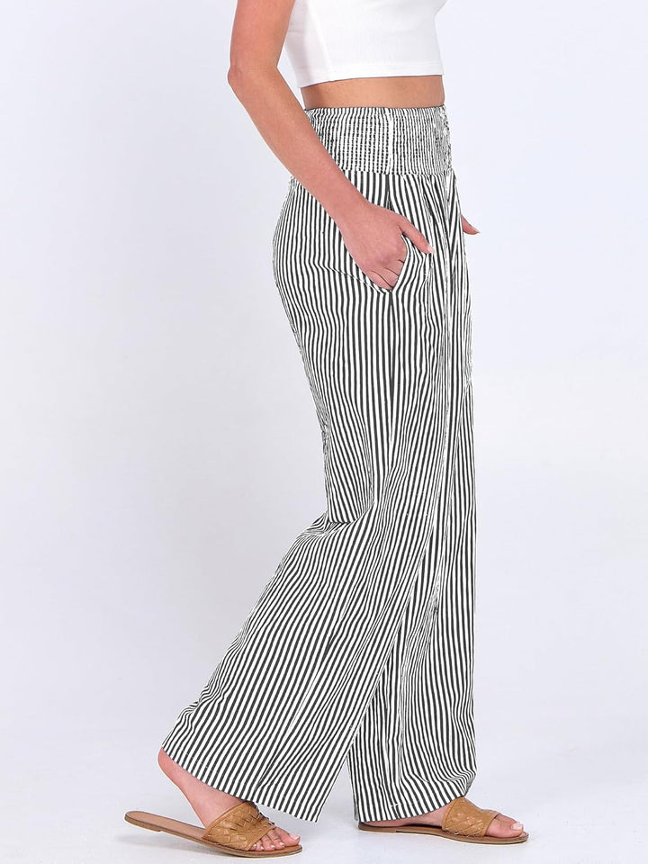Léah Pantalon Femme Pantalon Palazzo Rayé Taille Haute & Poches Été, vue 4