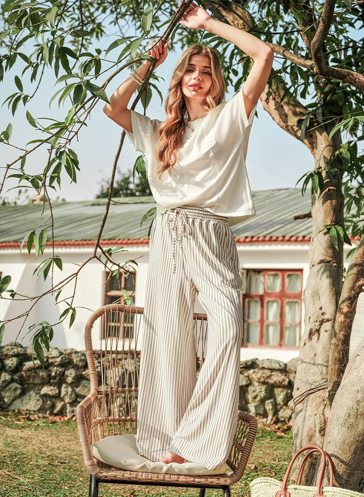 Arlyn Pantalon Femme Palazzo Rayé Large Taille Élastique & Poches, vue 2