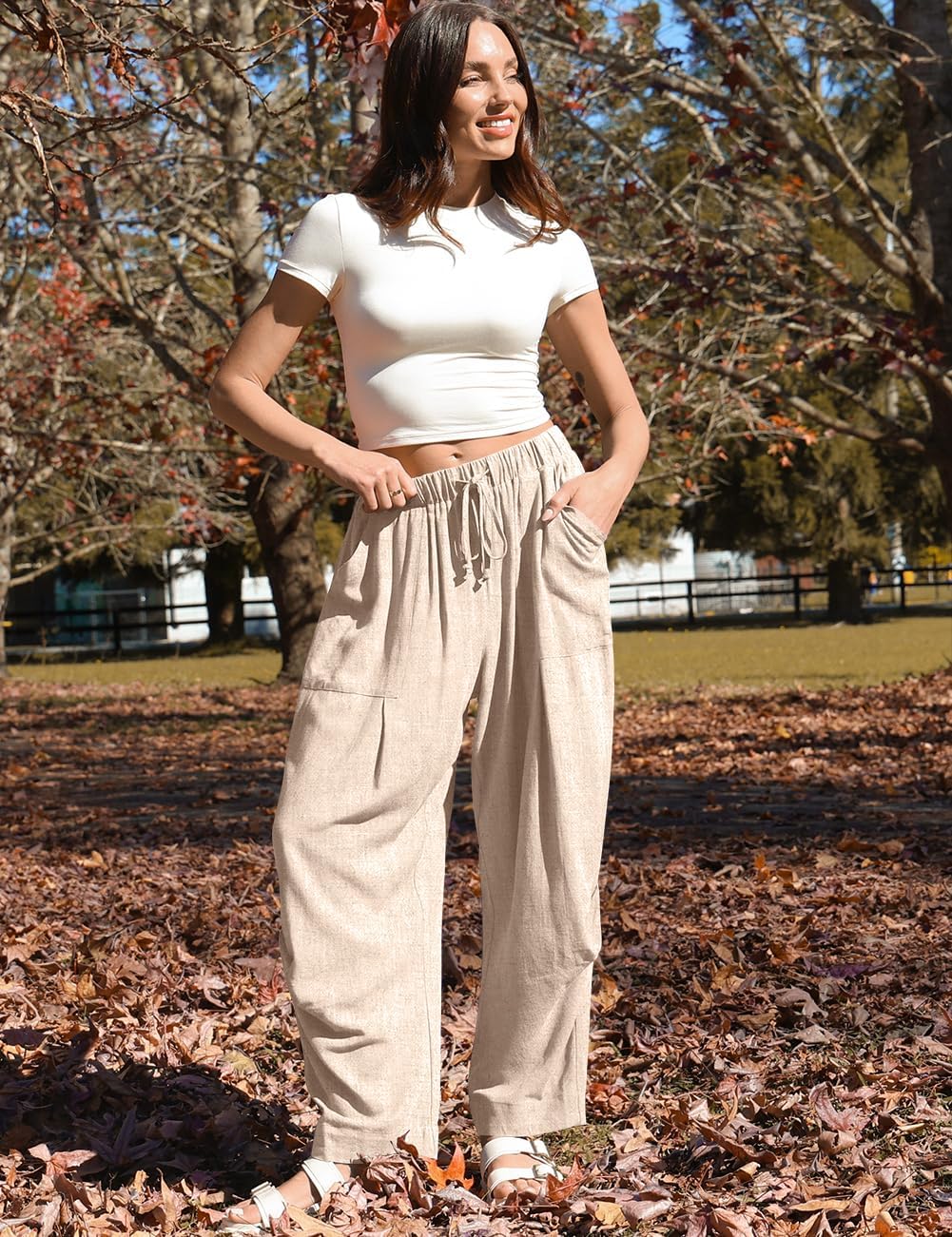 Mercedes Pantalon Femme Lin Harem Coupe Large, Taille Élastique, Style Décontracté