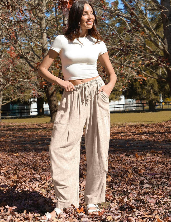 Mercedes Pantalon Femme Lin Harem Coupe Large, Taille Élastique, Style Décontracté