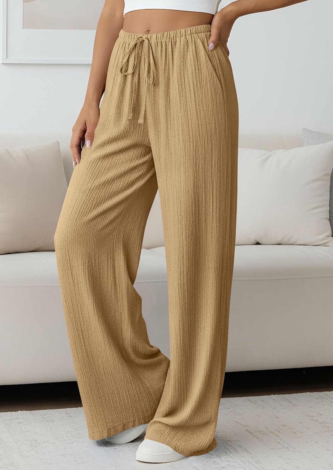 Jessica Pantalon Femme Palazzo Large Taille Haute Cordon & Poches Été, vue 4