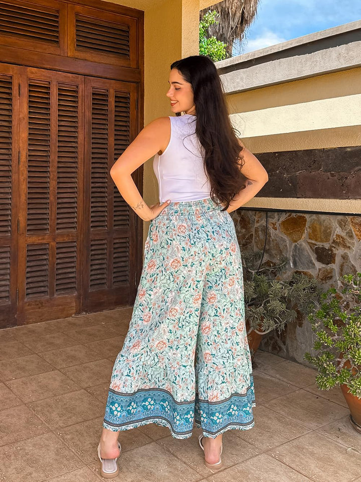 Zainab Pantalon Femme Palazzo Bohème Coupe Large Fluide, Taille Haute Élastique Été, vue 2