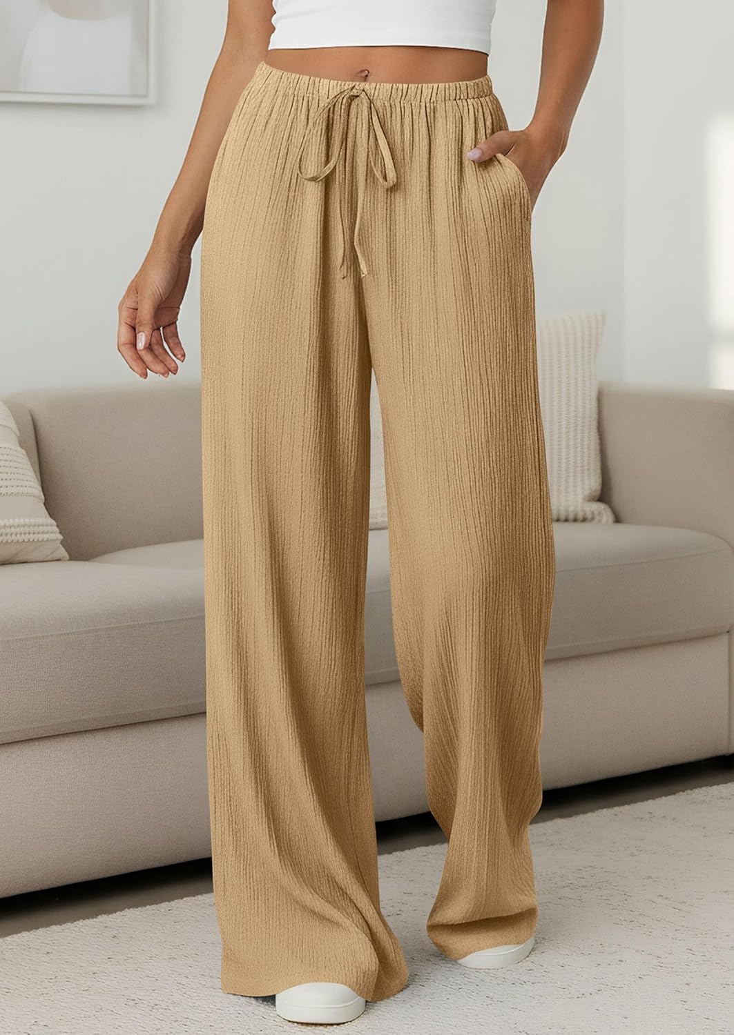Jessica Pantalon Femme Palazzo Large Taille Haute Cordon & Poches Été, vue 3