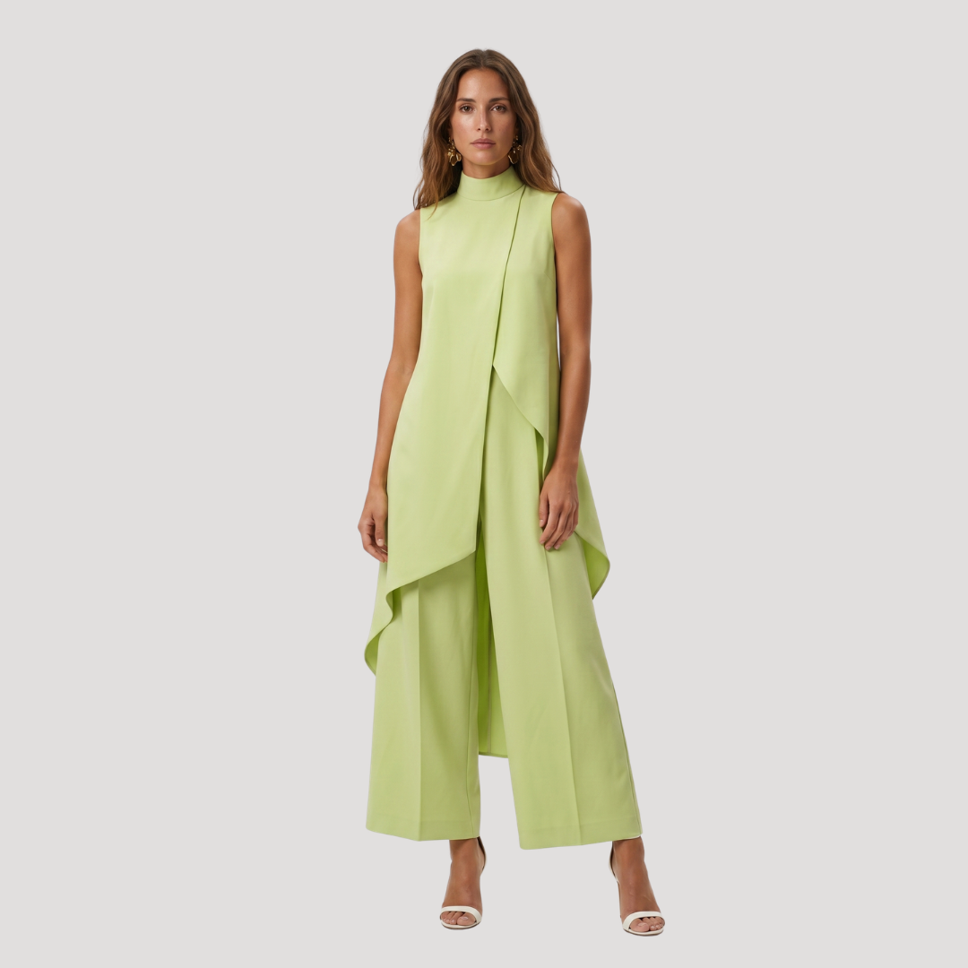 Elegant Women's Two-Piece Set with Asymmetric Long Top and Wide-Leg Trousers