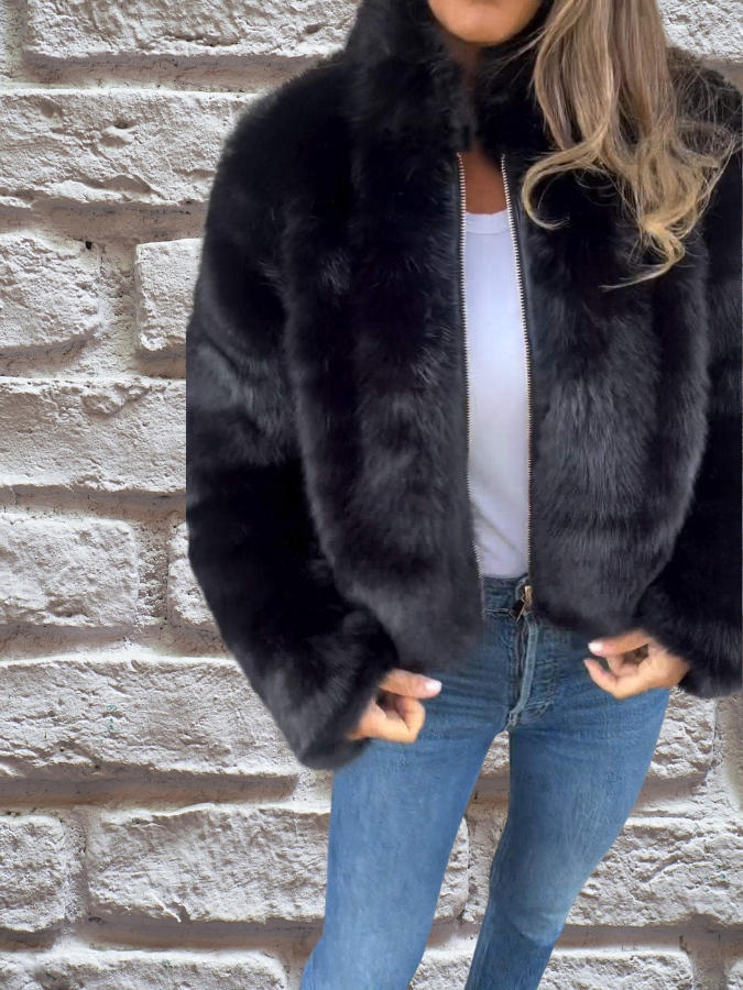 Hiya Veste courte en fausse fourrure pour femme Manteau chic à fermeture zippée avec détails en fourrure & coupe chaude et confortable, vue 2