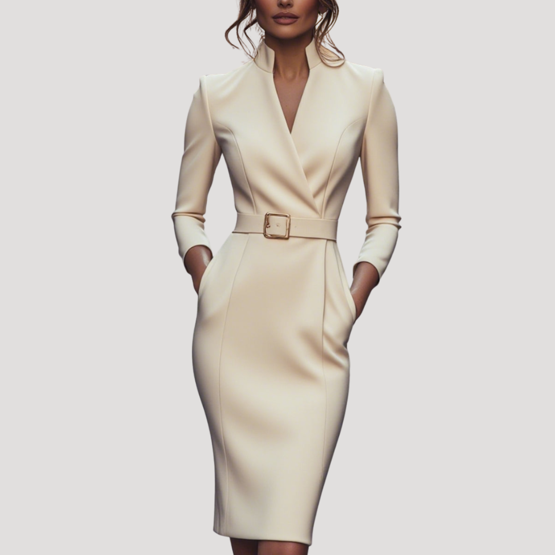 Robe Midi Femme de Bureau Col V Ajustée
