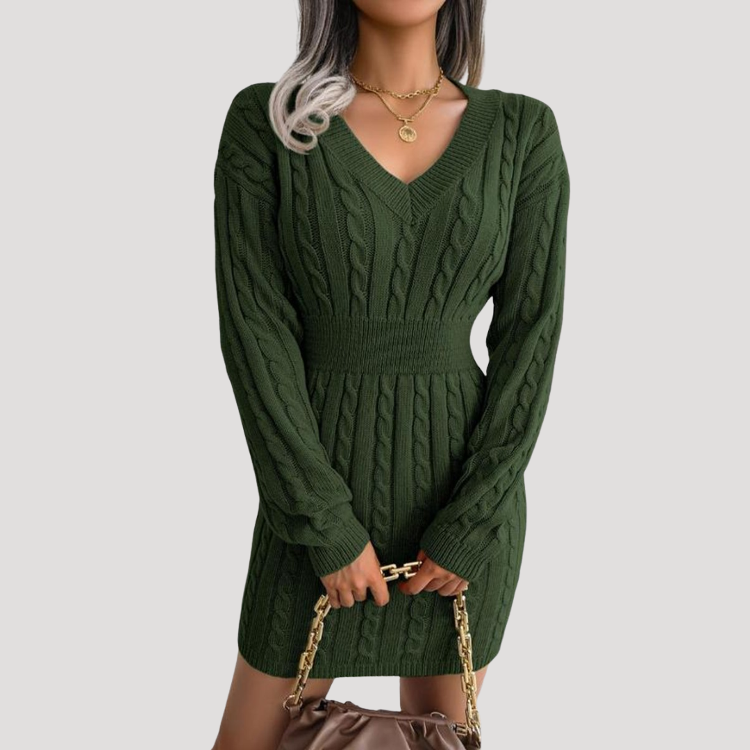 Robe Midi Femme en Maille Coupe Évasée Manches Longues