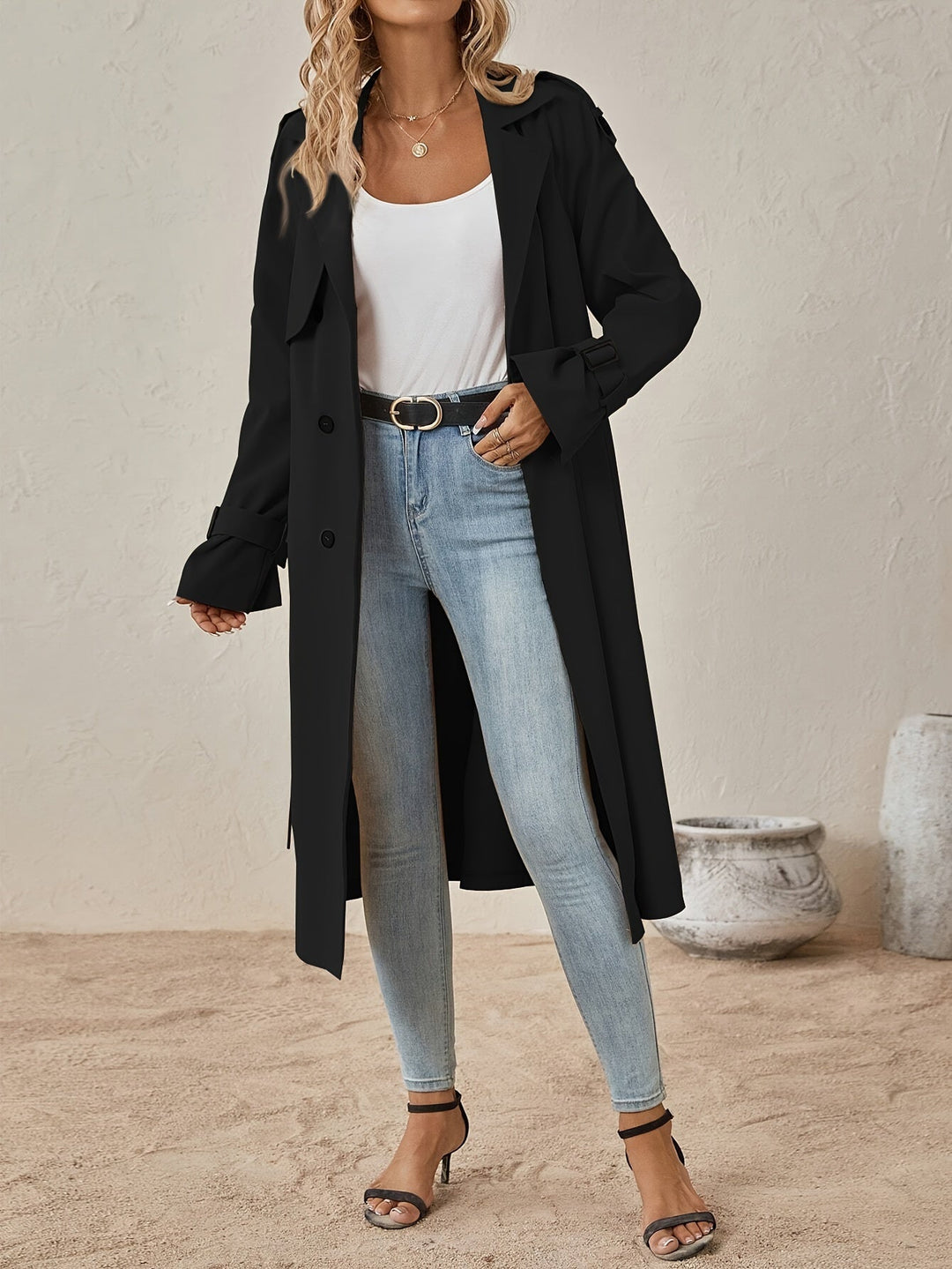 Eshita Trench pour femme Manteau long élégant en mélange de coton avec coupe structurée & fermeture à boutons, vue 6