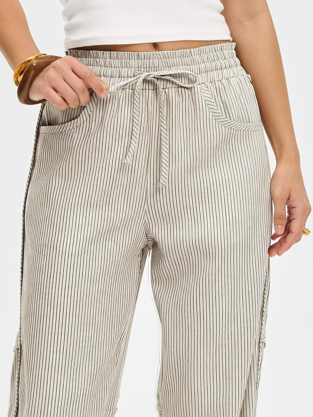 Kim Pantalon Femme Rayé Barrel Coupe Large, Taille Élastique, Style Décontracté, vue 3