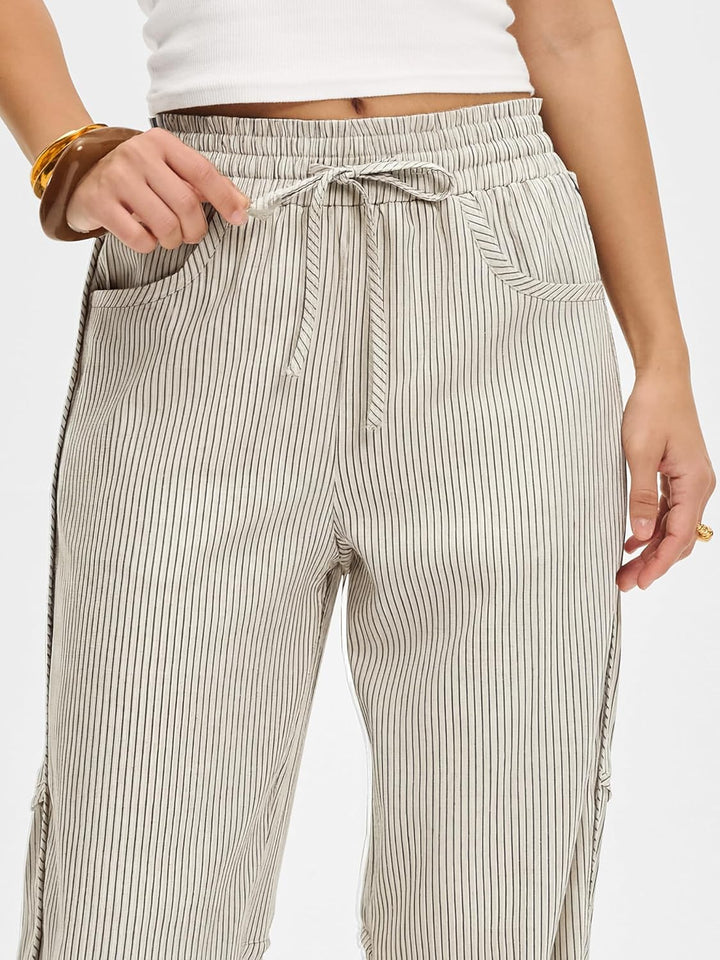 Kim Pantalon Femme Rayé Barrel Coupe Large, Taille Élastique, Style Décontracté, vue 3